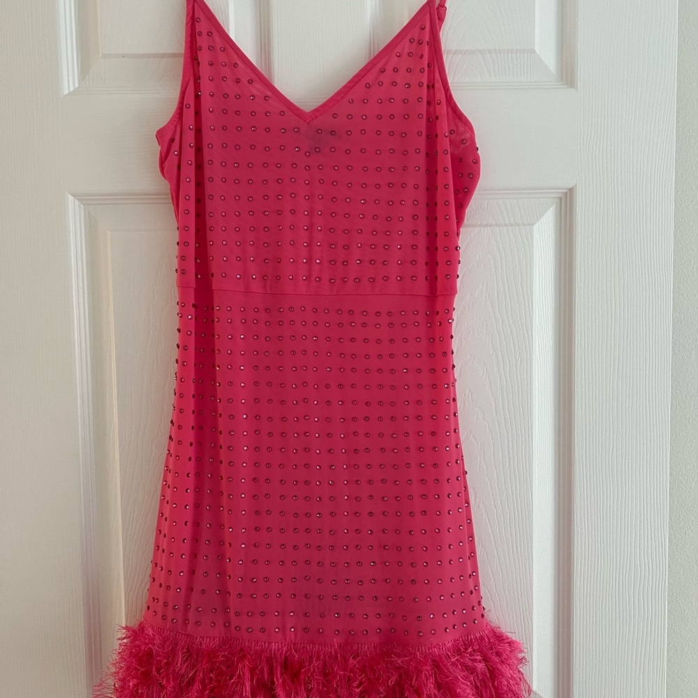 Miss Selfridge Pink Mini Dress with Feather Hem